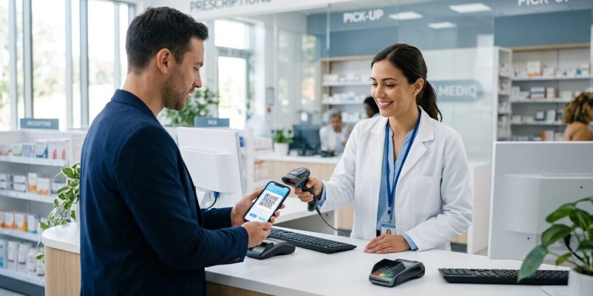 armacéutico validando una receta electrónica desde el celular de un paciente