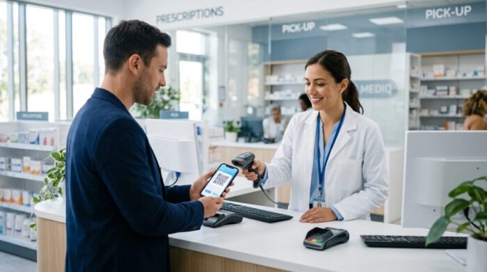 – Nombrar la imagen: receta-electronica-validez-legal-argentina armacéutico validando una receta electrónica desde el celular de un paciente