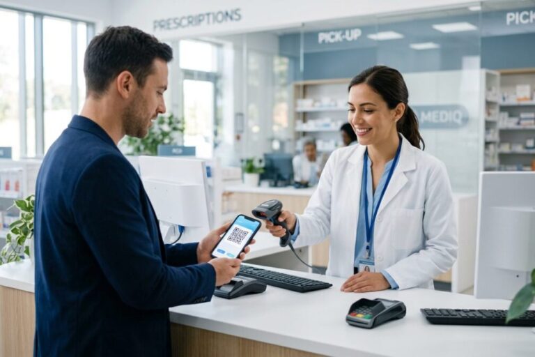 armacéutico validando una receta electrónica desde el celular de un paciente